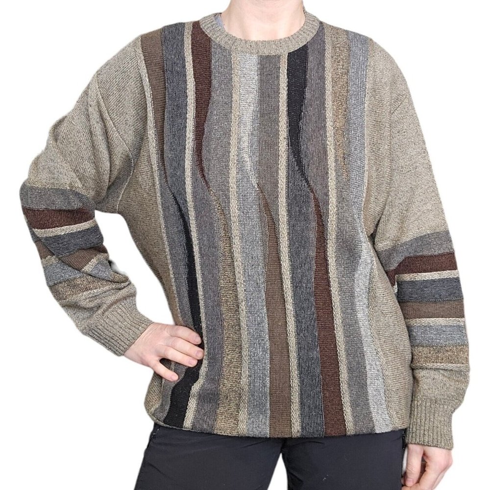 Vintage Retro Mens L‎ Neutral Beige Sweater Coogie Style Streetwear Hip Hop Wool